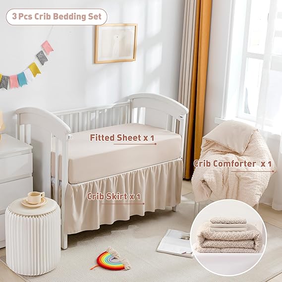 Cokouchyi 3 Peice Crib Bedding Set for Boy Girls, Jacquard Tufted Geometric Crib Set, Includes Crib Skirt, Blanket and Crib Sheet, Crib Baby Bedding, Beige