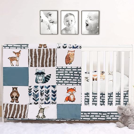 PINNKKU 3-Piece Crib Bedding Set for Boys, Includes Crib Skirt, Blanket, Crib Sheet, Crib Baby Bedding, Woodland Animals, Standard Crib Size