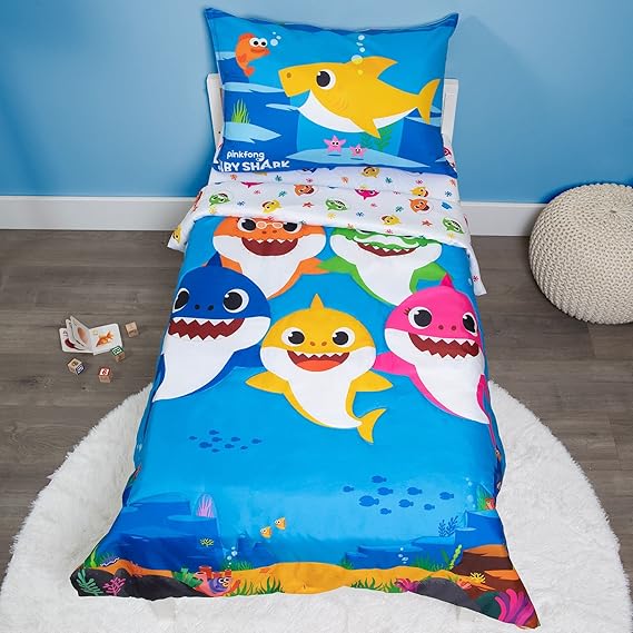 Baby Shark 4-Piece Toddler Bed Set including Super Soft Matching Sheets Set, Pillowcase, and Reversable Comfortable For Boys and Girls - (Offical Product)